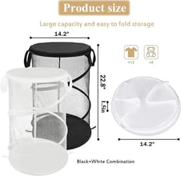 2 stuks - Mesh Pop-Up wasmand - Opvouwbare wasmand - Opvouwbare wasmand met handgrepen - Geschikt voor reiswasruimtes en slaapzalen - Draagbare opbergmand - Zwart + Wit — thumbnail 4