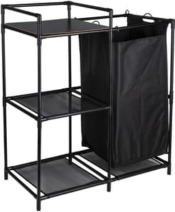 Linnen Opbergrek met Waszak 50L – Wasmand Organizer – 3 Lagen – Metalen Frame – Zwart — thumbnail 1