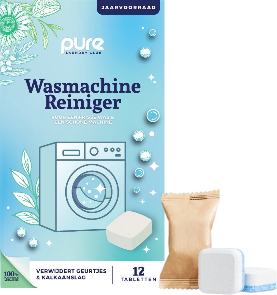 Pure Laundry Club Wasmachine Reiniger Tabletten - Jaarvoorraad (12 Stuks) - Voor Stinkende Wasmachines - Verwijdert Muffe Geurtjes, Kalk & Vetluis - 100% Plasticvrij — afbeelding 1