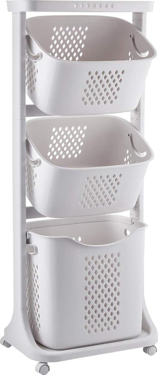 Rollende Waskar – Wasmand met 3 Vakken – 360° Wielen – Geventileerd – Ruimtebesparend – 3 x 25L – Wit — afbeelding 1