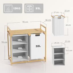 Wasmand - 4 compartimenten - Wasverzachter - met 2 uittrekbare, uitneembare waszakken - Non-woven - Opbergbox voor wasgoed met 83 liter - Wassorteerder met grote handgreep - 70 x 36 x 70 cm - Bamboe wit — thumbnail 2
