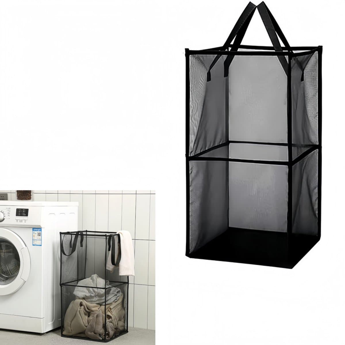 1 artikel - Opvouwbare wasmand - Opbergmand van gaas - Wasmand voor vuile was - Speelgoedorganizer - Met handvat - Opvouwbaar - Zwart - voor het opbergen van wasgoed, kinderkamer, reizen — afbeelding 1
