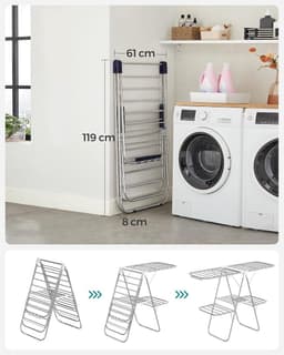 2-Tier Stainless Steel Clothes Dryer Rack with Adjustable Height Wings - Freestanding for Socks, Bed Linen, Clothing - Foldable and Stable - Blue - 156 x 61 x 113 cm — thumbnail 4