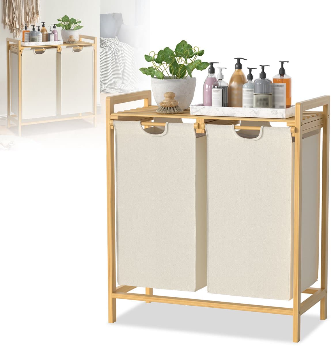 2x36L Wasmand – Oxford Stof met 2 Vakken, Afneembare Inzet – Beige — afbeelding 1