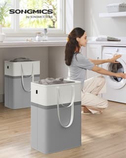 SONGMICS 75L wasmandset van 2, opvouwbare wasmand met lange handgrepen, gemakkelijk mee te nemen en schoon te maken, voor slaapkamer en badkamer, duifgrijs LCB208G02 — thumbnail 2
