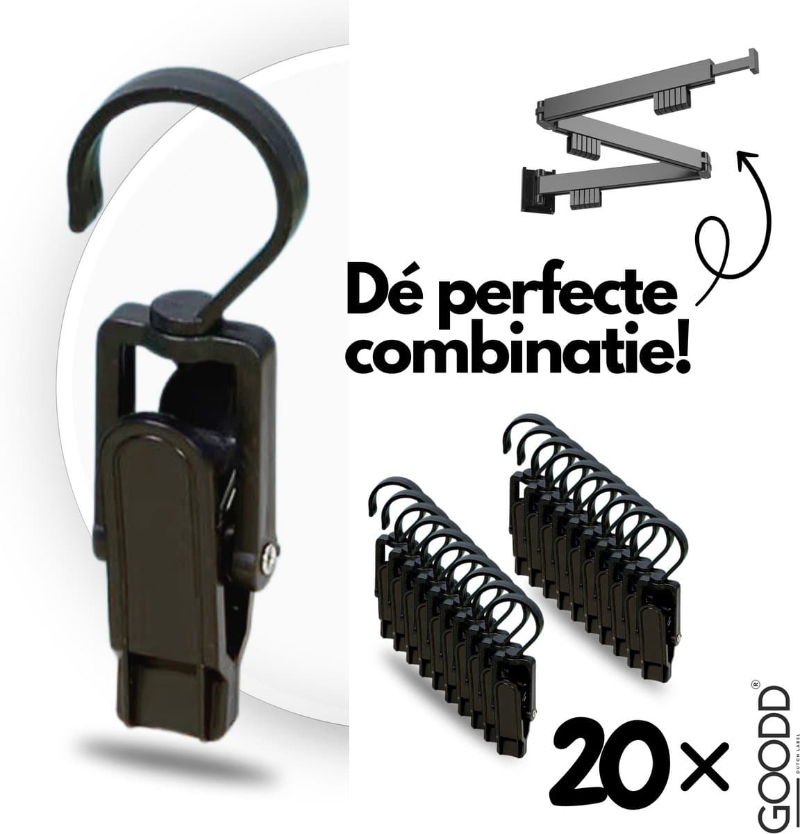 GOODD® - Wasknijpers - Knijpers - 20 STUKS - Met haak - Zwart - Droogrek knijpers - Wasrek knijpers — afbeelding 1