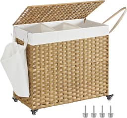 SONGMICS Wasmand met deksel, 160 L, wasverzamelaar 3 compartimenten, wassorteerder met wielen, in rotan look, waszak verwijderbaar, voor wasruimte, 70 x 36 x 66 cm, Natuurlijke kleuren — thumbnail 1