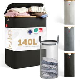 Blumtal Wasmand 140L - Wasmand met 2 uitneembare waszakkken - Wasmand met 2 vakken - Smalle wasmand - Flesverzamelaar - Wasmand met deksel - Zwart — thumbnail 1