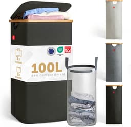 Blumtal Wasmand 100L - Wasmand met uitneembare waszak - Smalle wasmand - Flesverzamelaar - Wasmand met deksel - Zwart — thumbnail 1