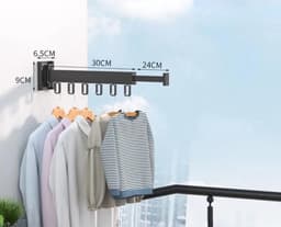 Wanddroogrek Inklapbaar 6 Haken - Droogrek Muur Wandmontage Ophangbaar - Clothes Rack Uitschuifbaar + Montage Kit - Zwart — thumbnail 1