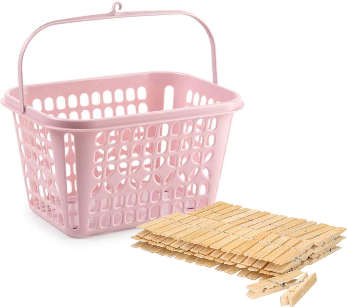 Wasknijpers ophangmandje met haak - roze - gevuld met 120x houten wasknijpers 7 cm - was ophangen — afbeelding 1