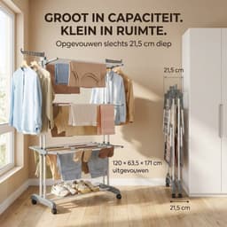Droogrek Staand - Inklapbaar Wasrek met Wielen - Droogtoren 4 Lagen - 24 Meter Drooglengte - 50 kg Draagvermogen — thumbnail 2
