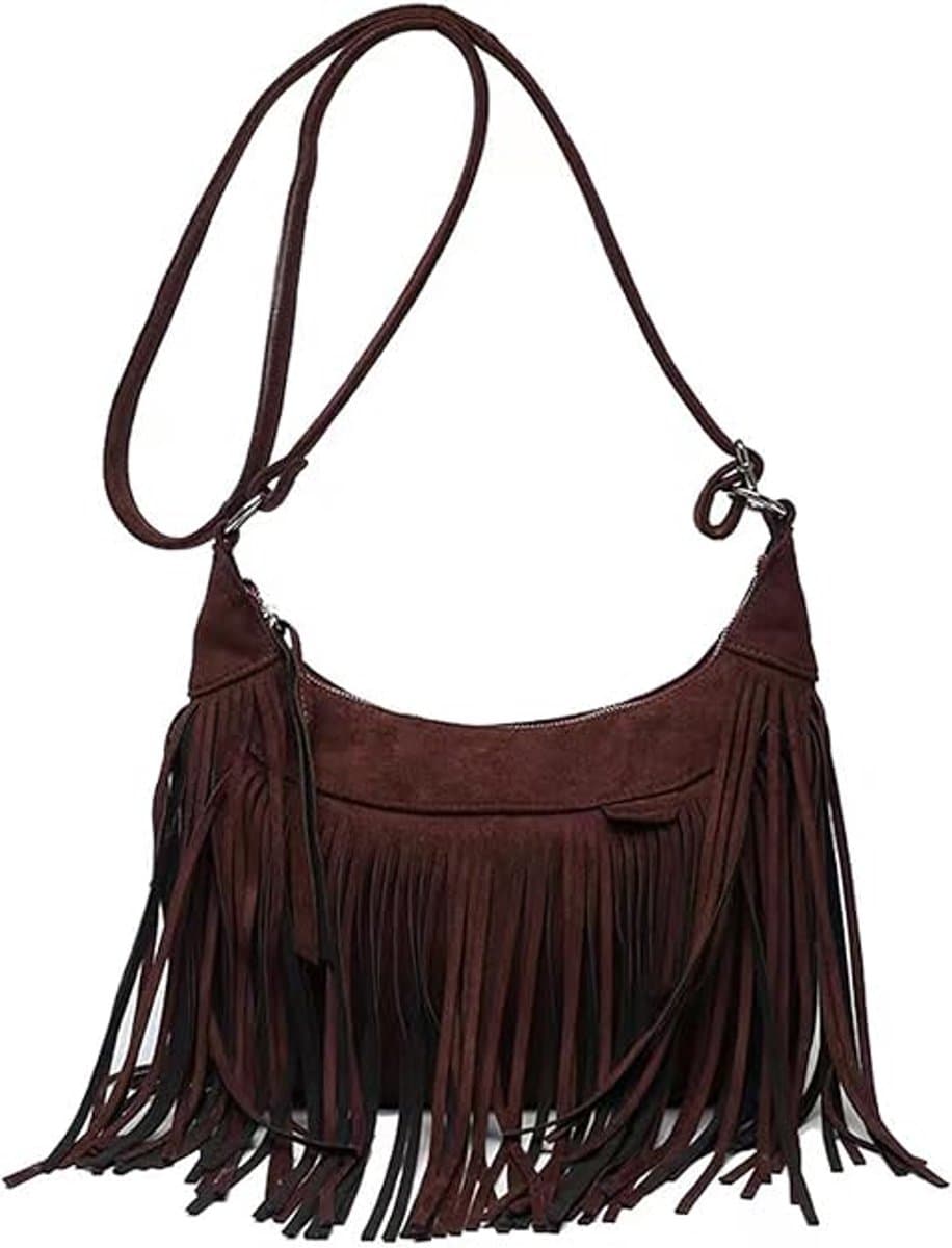 Vegan suède crossbodytas met franjes voor dames – vintage boho-hippie hobo-schoudertas met kwastjes – retro western-cowgirlhandtas voor reizen, festivals, concerten en dagelijks gebruik (koffiebruin) — afbeelding 1