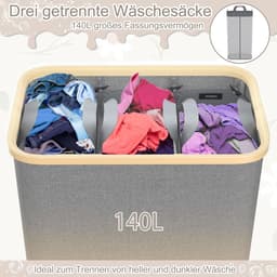 Wasmand 140 l met deksel 3 delen - uitneembare netwassorteerder waszak waszak wasmand met handgrepen voor handdoeken, kleding, speelgoed — thumbnail 3