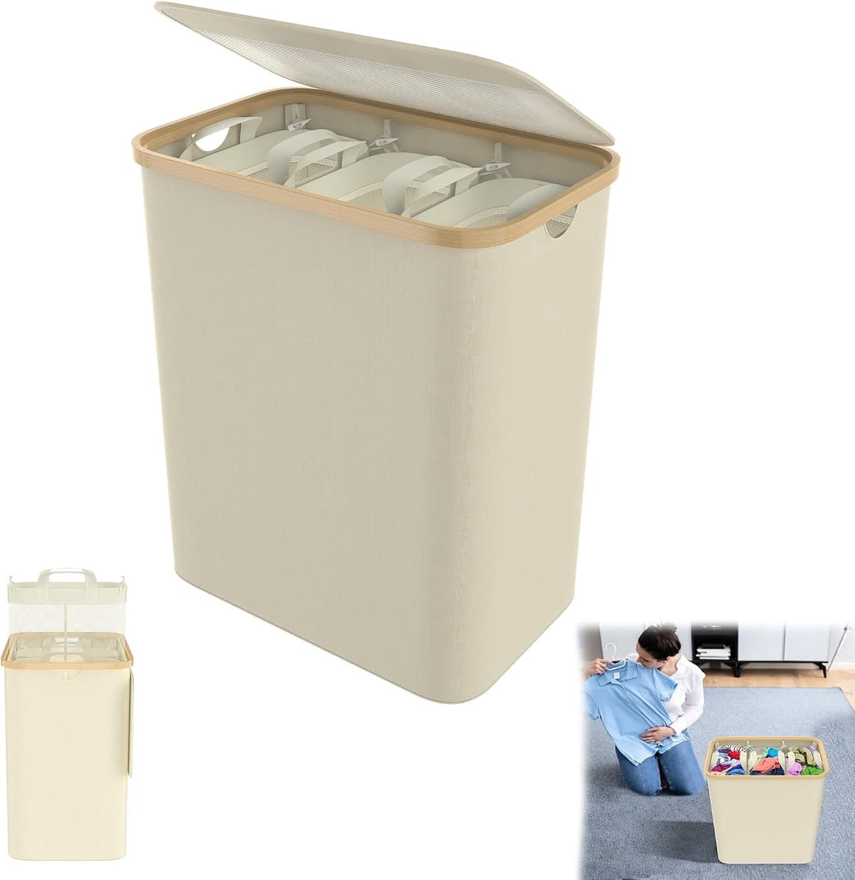 Wasmand 140 l met deksel 3 delen - uitneembare netwassorteerder waszak waszak wasmand wasmand met handgrepen voor handdoeken, kleding, speelruimte — afbeelding 1