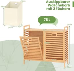 COSTWAY Dubbele wasmand, draaibaar, 75 liter, bamboe wasverzamelaar met 2 afneembare containers, handgrepen, vrijstaande badkamerkast, 80 x 30 x 72 cm, voor wasruimte, badkamer, slaapkamer — thumbnail 2
