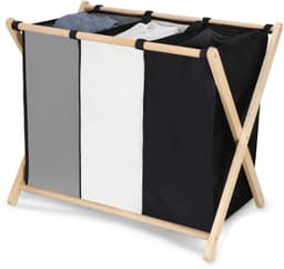 Muntel® Wasmand - Opvouwbaar - Beukenhout - Polyester - 3 Vakken - 105 L - Zwart - Grijs - Ecru — thumbnail 1