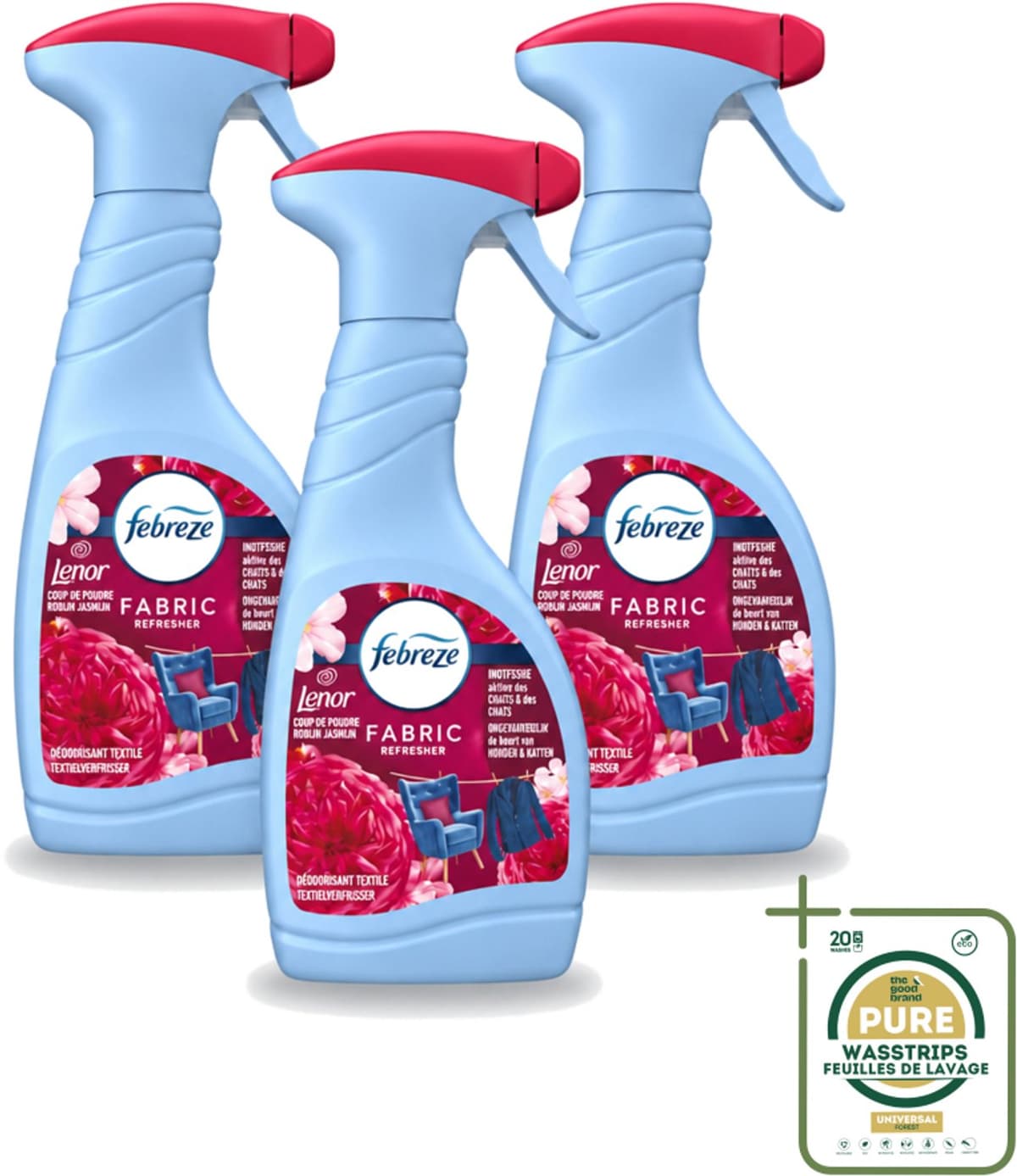 3 x Febreze – Textielspray – Robijn Jasmijn – 500 ml - Wasstrips - Textielverfrisser - Textielgeur - Geurverwijdering - Jasmijngeur - Robijngeur — afbeelding 1