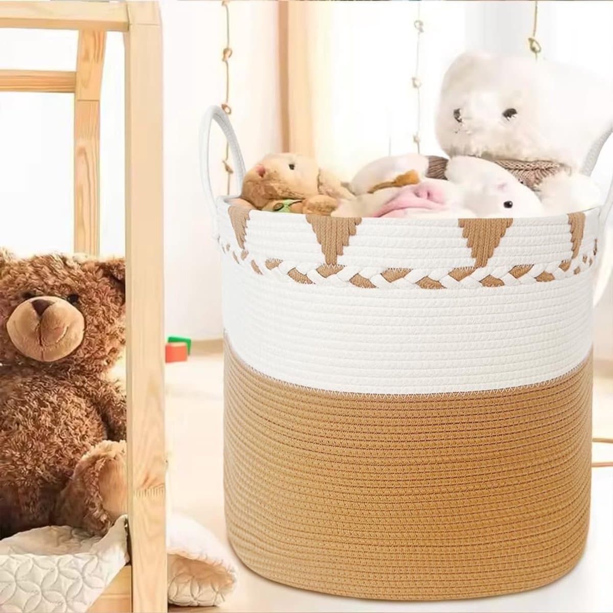 Wasmand en opslag van natuurlijk katoenen touw, handgevlochten, opvouwbaar met handgrepen, mand voor speelgoed, baby, vuile was, dekens, kussens (wit/camel) — afbeelding 1