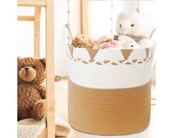 Wasmand en opslag van natuurlijk katoenen touw, handgevlochten, opvouwbaar met handgrepen, mand voor speelgoed, baby, vuile was, dekens, kussens (wit/camel)