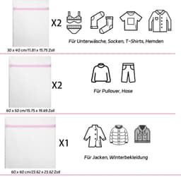 5 stuks wasnet voor wasmachine, waszak met ritssluiting, reisopslag voor trui, overhemden, broeken, sokken (30 x 40 cm, 40 x 50 cm, 60 x 60 cm), Polyester — thumbnail 4