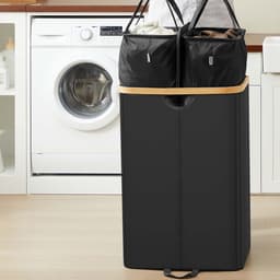 Wasmand 52 x 38,5 x 75 cm Zwart Inhoud van 150 liter Dubbele vakverdeling Met deksel tegen geurtjes+afneembare binnenzak Stevige en duurzame constructie Waterafstotend en gemakkelijk te reinigen Geschikt voor wasruimte, slaapkamer en woonkamer — thumbnail 3