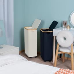 Efluky Vuile wasmand met deksel, wasmand met wieltjes, inklapbare strijkmand met 75 l inhoud, met bamboe handgrepen en afneembare tas, opvouwbare wasmand — thumbnail 4