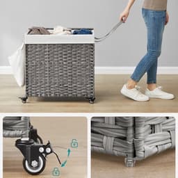 Wasmand 66 x 33 x 60 cm, Vuile Wasmand met Deksel, 3 Compartimenten, Wasgoedmand met Uitneembare Waszak, Wielen en Handgrepen, Wasmand Rietstijl, Kleding Sorteren, Wasmand voor Badkamer, Wasruimte en Woonkamer, PP-Riet, Metalen Frame, Grijs — thumbnail 5