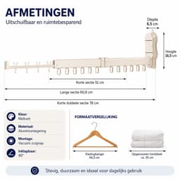 Bobypet - Droogrek - Muur Droogrek met Zuignap- Inklapbaar Wanddroogrek 90° - Boorvrij Aluminium Droogrekje - Voor Badkamer, Balkon en Waskamer - Melkwit — thumbnail 2