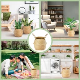 2 stuks zeegras opbergmanden, kleine wasmand, manden voor planken, opvouwbare rotan opbergdoos, rieten mand met handvat, rieten plantenpot voor woonkamer, slaapkamer, badkamer (S 20 x 23) — thumbnail 4