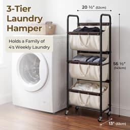 SAYS Wasmand met 3 Vakken, Wasmand op Wieltjes, Organisatie en Opbergruimte voor de Wasruimte, Waskar met 3 Vakken op Wieltjes voor Studentenkamers, Badkamers, Slaapkamers en Kasten, Beige — thumbnail 5