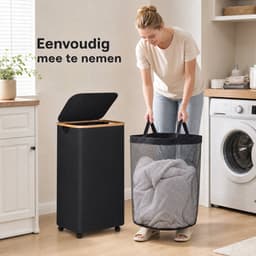 Vouwbaar - Wasmand met deksel - 100 liter met wielen en rem - Bamboe handvatten en afneembare zak - Geschikt voor badkamer, slaapkamer en wasruimte — thumbnail 5