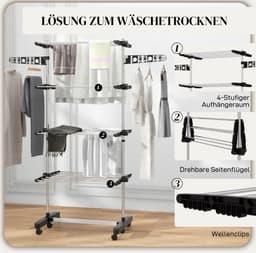 MEUNIQ Droogtoren 142 x 55 x 172 cm met 5 niveaus, inklapbaar wasrek met verstelbare zijstang, 6 wielen en draagvermogen 30 kg voor binnen, zwart en zilver — thumbnail 4