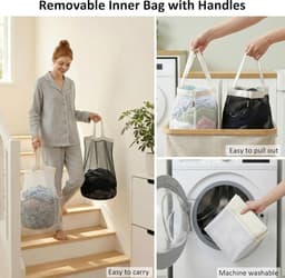 Dubbele Wasmand met Deksel en 2 Afneembare Vakken, 140 L, Ideaal voor Badkamer, Slaapkamer en Wasruimte, Beige — thumbnail 2