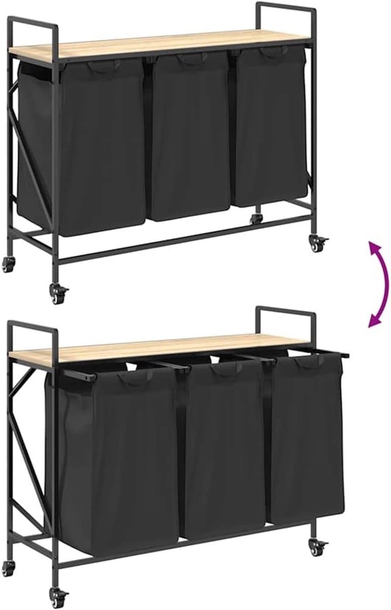 Wasmand – Wasbak – Wasbasket – Wascontainer – Wasbox – 3 Compartimenten Met Wielen – Sonoma Eiken Houten Plank — afbeelding 1