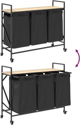 Wasmand – Wasbak – Wasbasket – Wascontainer – Wasbox – 3 Compartimenten Met Wielen – Sonoma Eiken Houten Plank — thumbnail 1