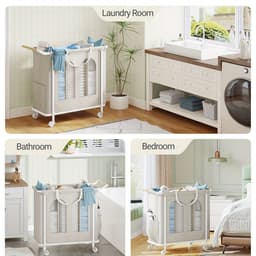Home & Beyond® Wasmand op Wielen met 3 Vakken en Afneembare Ophangzak - Wassorteerder 185 L - Beige - 90 x 39 x 80 cm — thumbnail 4