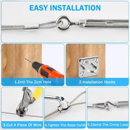 SnelShoppen - 70-delige Waslijn Set 30 m Flexibele Stalen Kabel met 20 Aluminium Moffen, 4 Spanners, 4 Carabiners, PVC Gecoat voor Buiten, Tuin, Campi — thumbnail 5