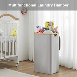 Wasmand met Deksel, 85 Liter, Smalle Vouwbare Wasmand van Hout en Bamboe, Ideaal voor Wassen en Organiseren, Grijs — thumbnail 4