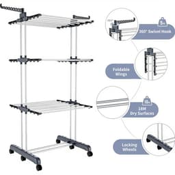 Solidchoice - Dailygoods Droogrek 3-laags verstelbare rollende washanger met opvouwbare vleugels Grote kledingdroger met zwenkwielen — thumbnail 2