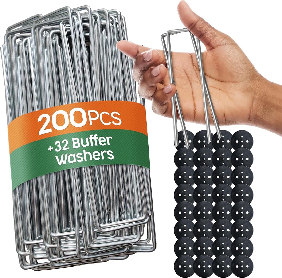 SnelShoppen - Tuinpinnen 200 stuks + 32 washers voor onkruiddoek, grondankers voor kamperen en kunstgras, robuust, gegalvaniseerd staal — afbeelding 1