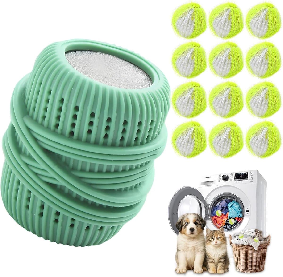 SnelShoppen - Dierenhaarverwijderaar 13 stuks - Herbruikbare Pluisballen voor Wasmachine - Anti-Pluisballen en Drogerballen - Groen - Effectief Honden — afbeelding 1