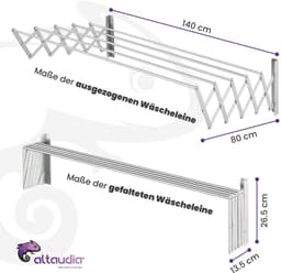SnelShoppen - Uittrekbaar droogrek aan de muur 140 cm, roestvrij, inklapbaar met 5 aluminium buizen, uittrekbaar van 12-80 cm, ruimtebesparend voor bi — thumbnail 4