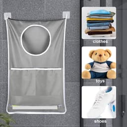 Hangende waszak, verstelbare wasmand met grote capaciteit met roestvrijstalen haken en zelfklevende haken voor was/verhuizing/opslag — thumbnail 2