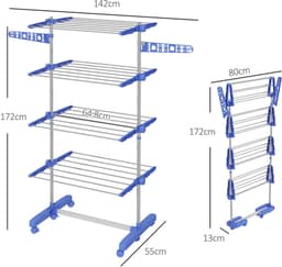 Droogtoren Met Wielen – Inklapbaar En Hoogte Instelbaar – 142 X 55 X 172 Cm – Roestvrij Staal – Blauw – Vrijstaand Drogen En Ophangen — thumbnail 5