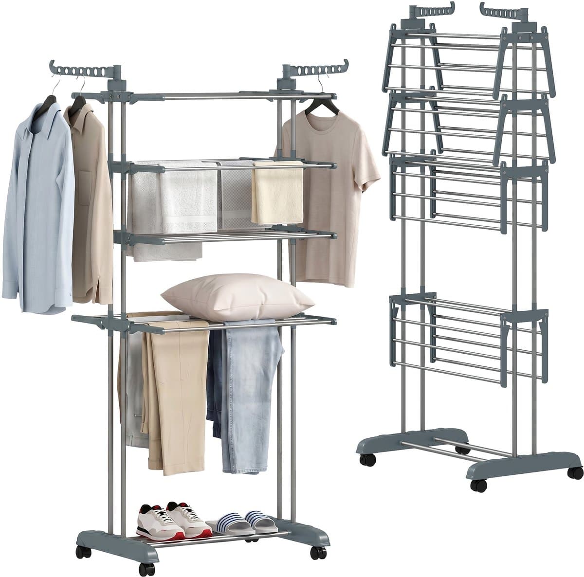 HOMCOM Clothes Drying Rack-Plastic, Stahl-73L x 64B x 172H cm-Grau — afbeelding 1