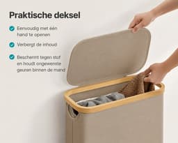 AALVERO - Wasmand - Wasbox - Wasmand met deksel - Ruimtebesparend - Uitneembare waszak - 65L - Oxford stof - Bamboe - Camel Bruin — thumbnail 4
