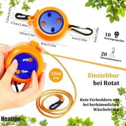 Uittrekbare Waslijn - Reis Waslijn - Kleding Drogen - Windproof Clips - 8 m - Oranje — thumbnail 2