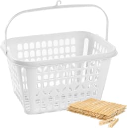 Wasknijpers verzamel mandje met haak en 60x stuks houten knijpers 7 cm — thumbnail 1