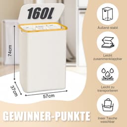 160L Opvouwbaar Wasmand,met 3 uitneembare zakken,Wassorteerder - wasmand - Melk wit — thumbnail 2